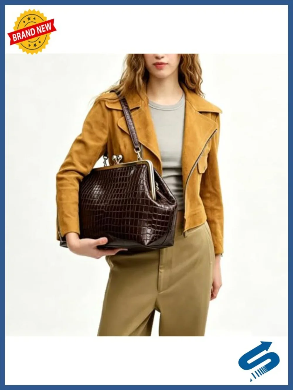 Vintage Crocodile Embossed Faux Leather Kiss Lock Tote Handbag Shoulder Bag